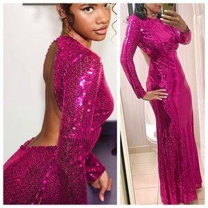 NWT Mac Duggal 10891 Fuchsia Pink Sequin Long Sleeve Open Back Maxi Dress 2